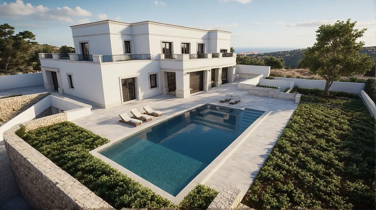 Villa con piscina vista dall'alto, bordo e solarium in Chianca di Trani bianca