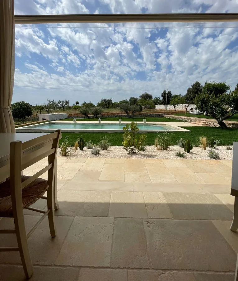 View from the hall over the pool and the olive trees, with a floor in pale slabs